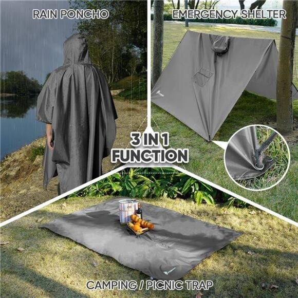 Hooded Rain Poncho for Adult with Pocket, Waterproof Lightweight Unisex - Picture 2 of 7